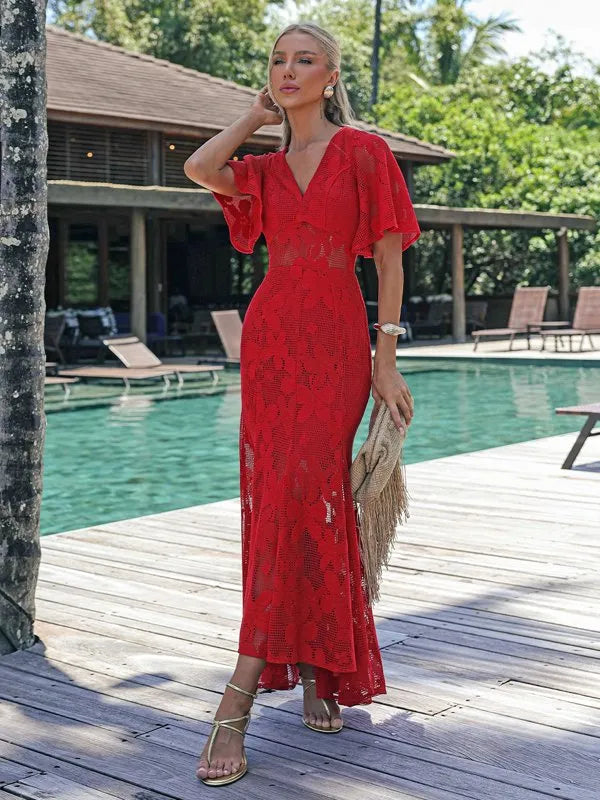 red mullet dress A-LINE GOWN WITH MULLET CAPE IN DARK RED | CULT MIA