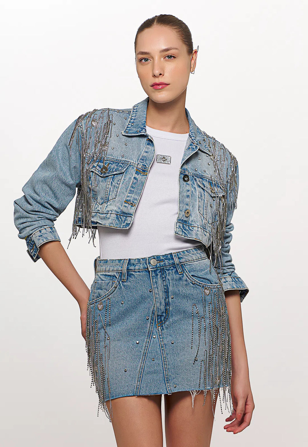 Chaos Rhinestone Fringe Embroidered Denim Jacket
