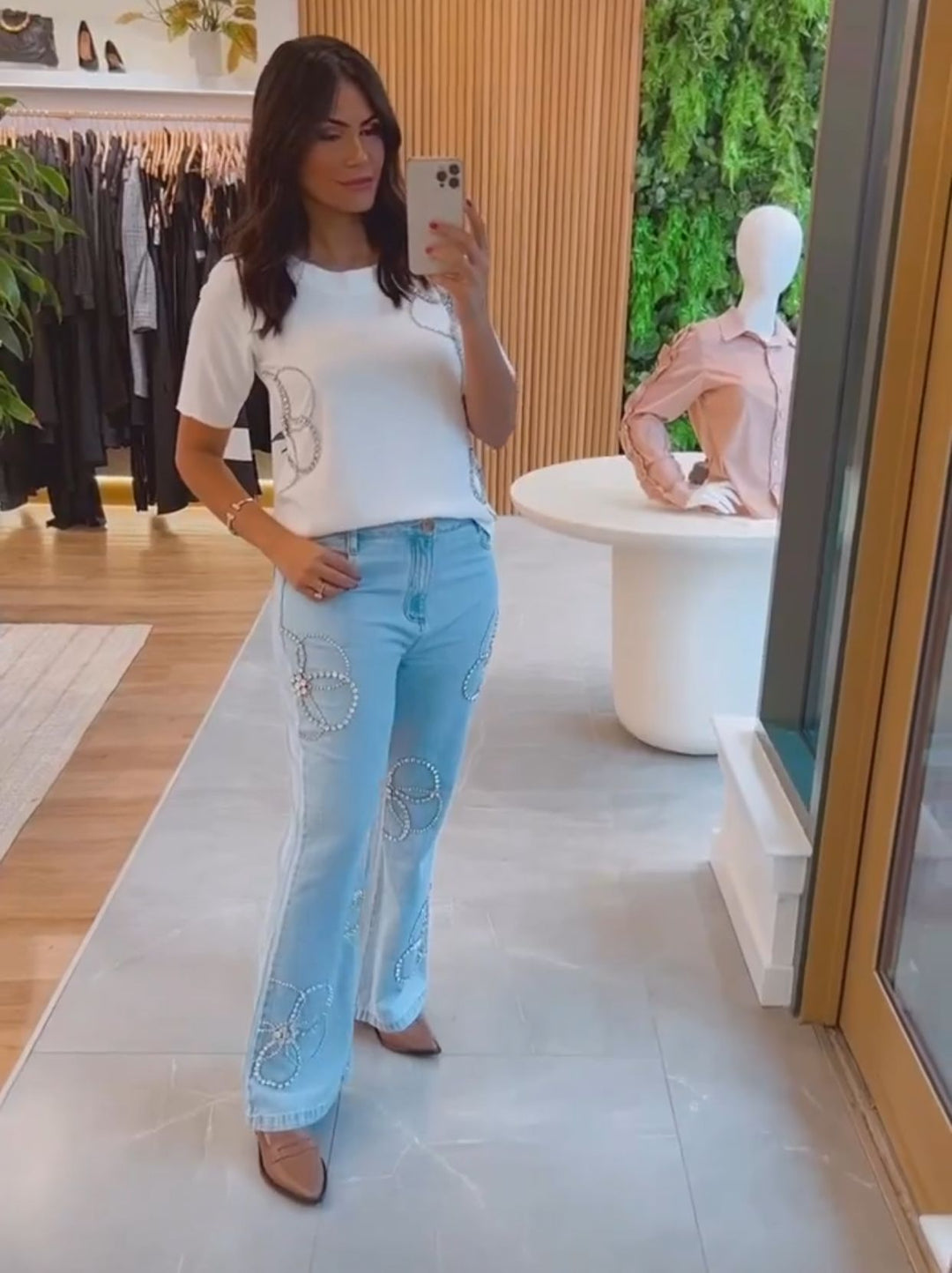 Floral Embroidered T-Shirt with Rhinestones
