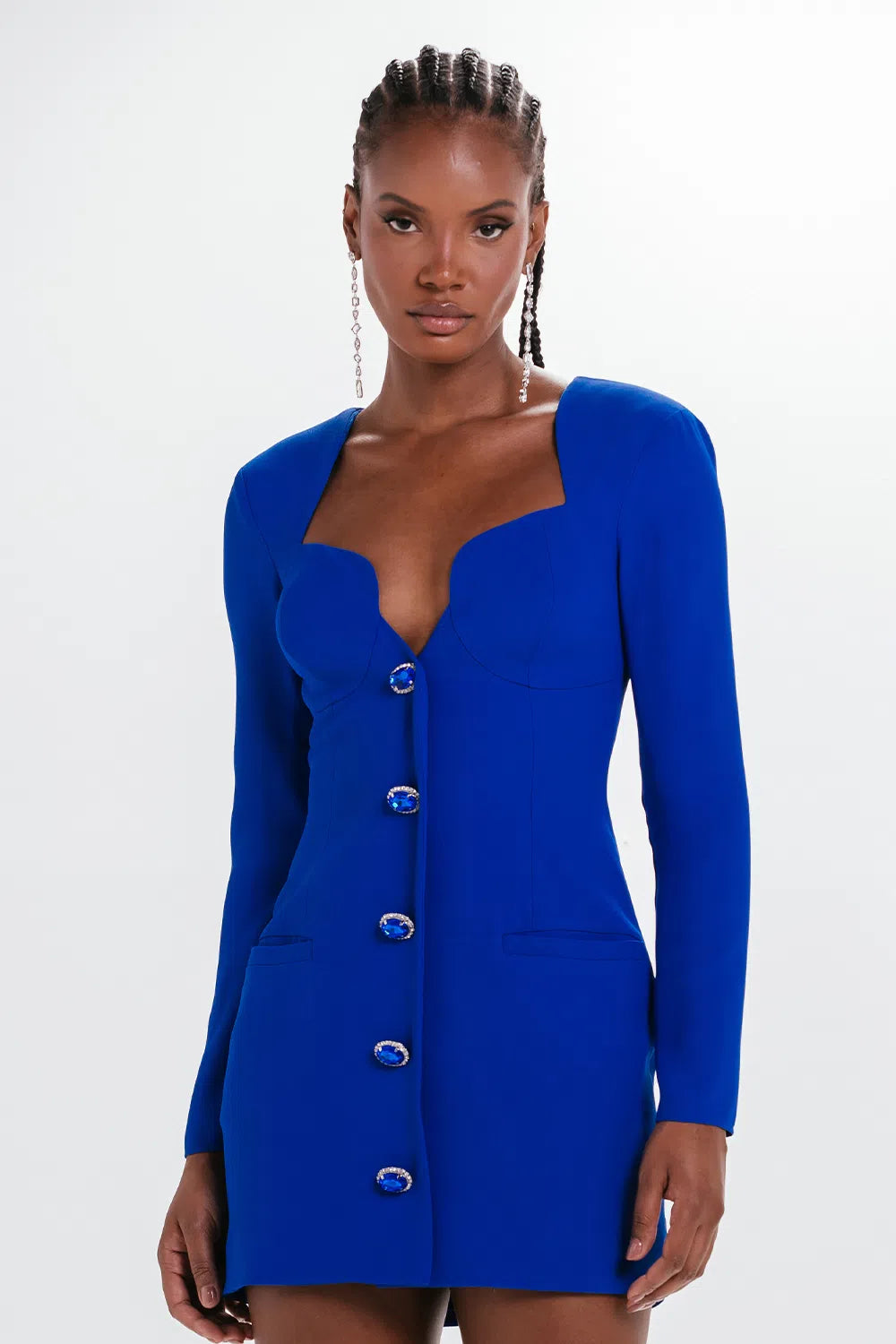 blue dress for baby girl Zapaka Women Navy Satin Midi Blazer Dress with Sleeves Notched Lapel Pencil Single Breasted Work Dress, Navy / M