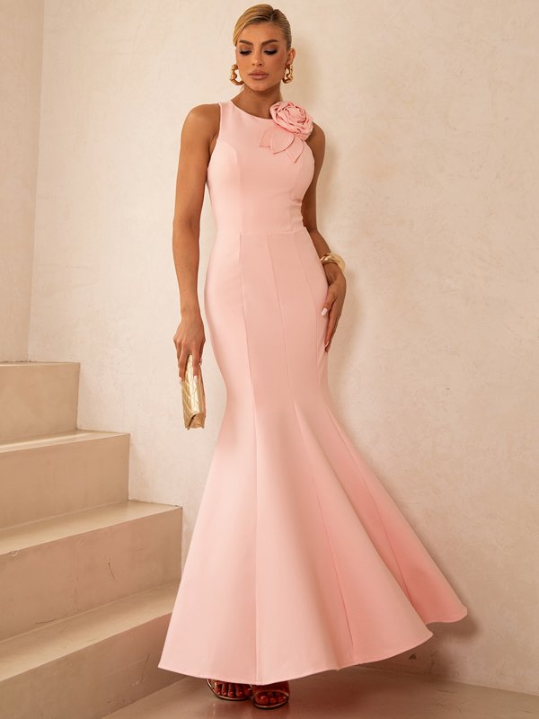knee length dresses for ladies Smiley Puff Sleeve Satin Midi Dress ‍ Mermaid Way, Pink / L main image 0