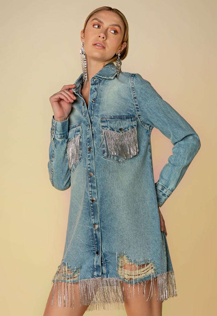Chaos Embroidered Fringe Denim Dress