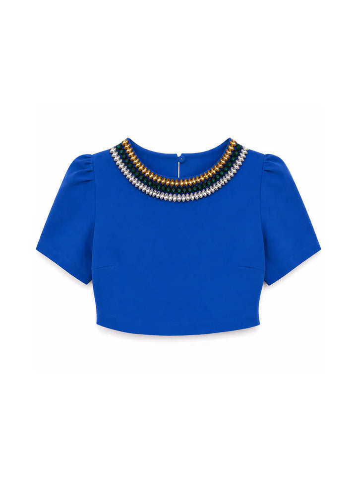Embroidered Cropped Top with Shoulder Pads