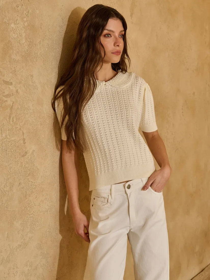 Blusa Tricot Gola Pérolas