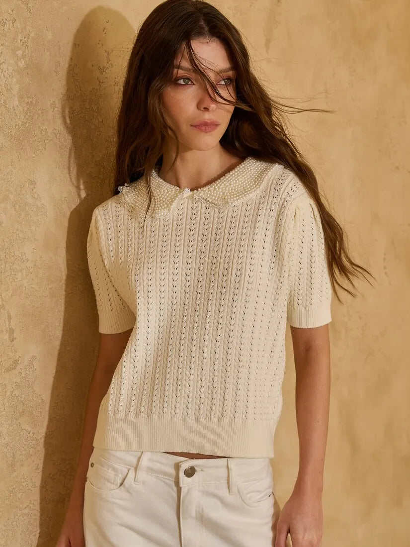 Blusa Tricot Gola Pérolas
