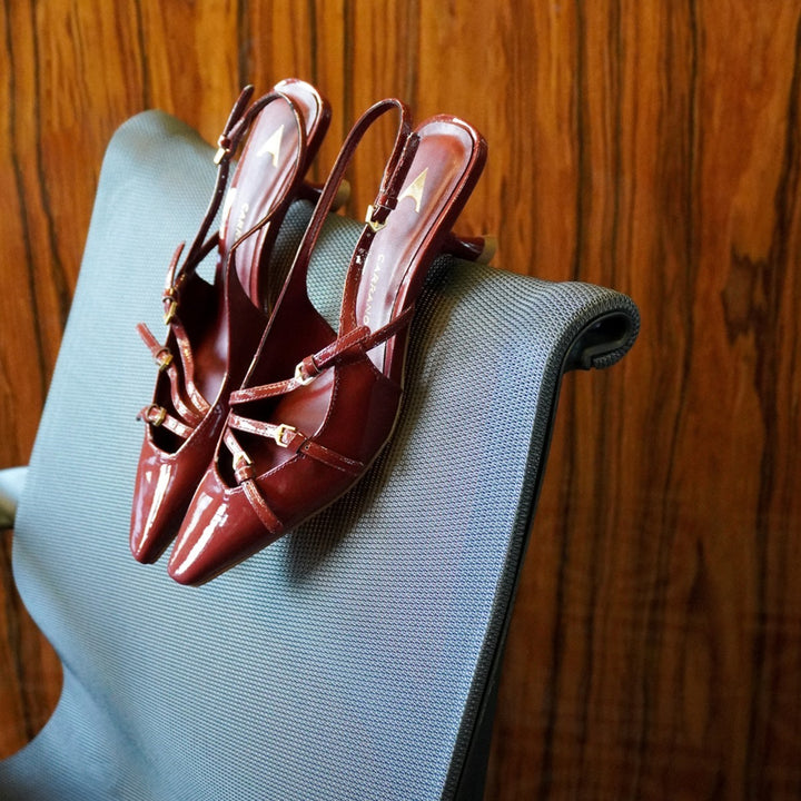 Patent Leather Slingback Pumps with Buckles