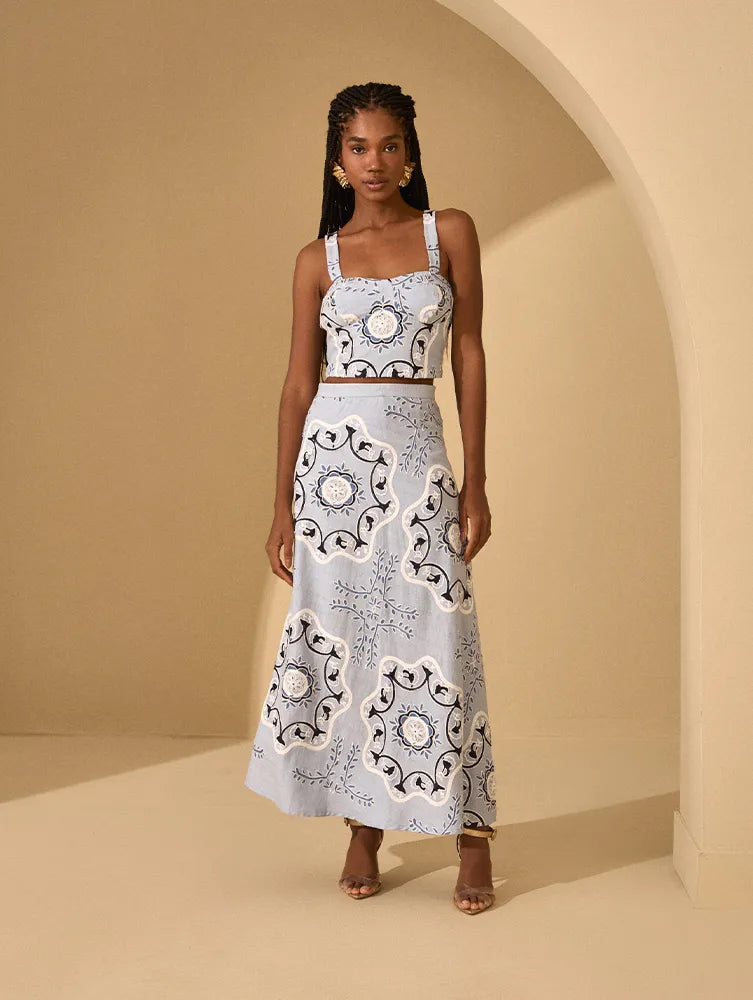 Skunk Embroidered Top+Midi Skirt Set