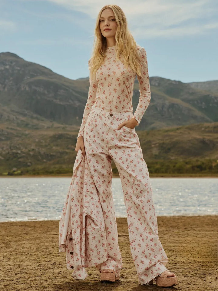 Calça Sarja Wide Leg Floral