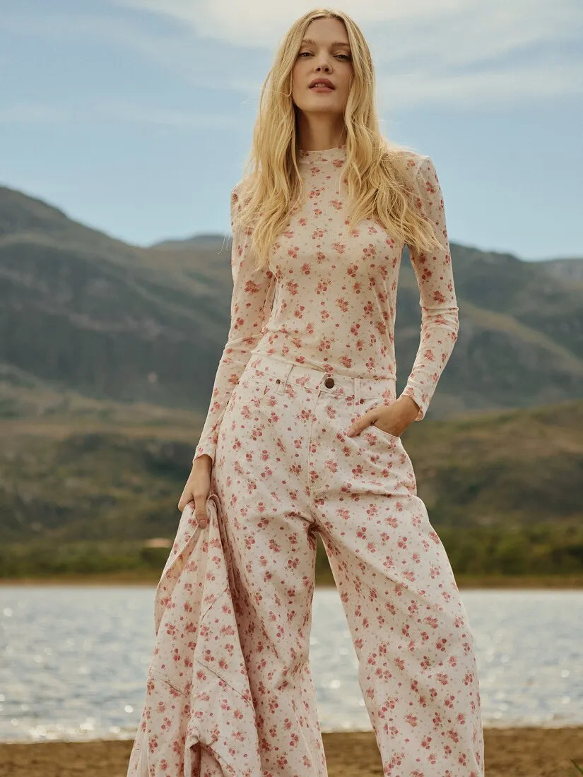 Calça Sarja Wide Leg Floral