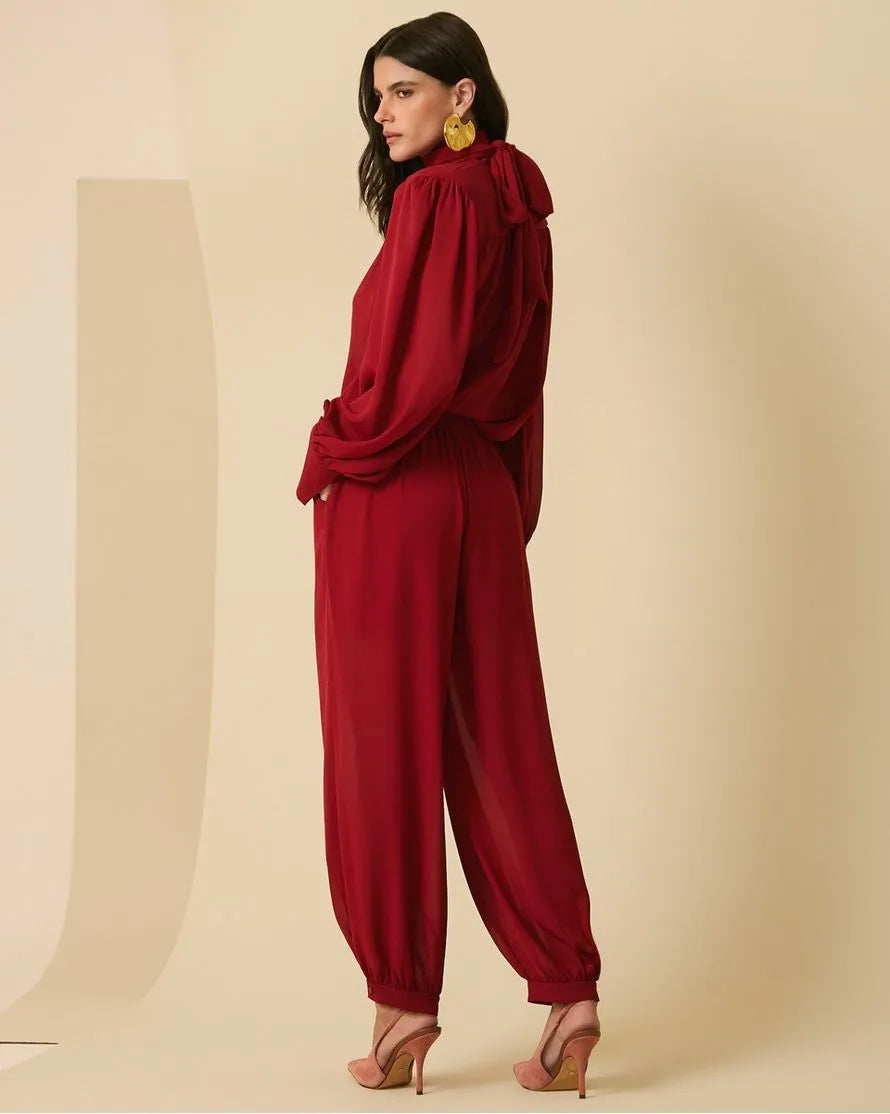 Blouse and Pants Set with Bow
