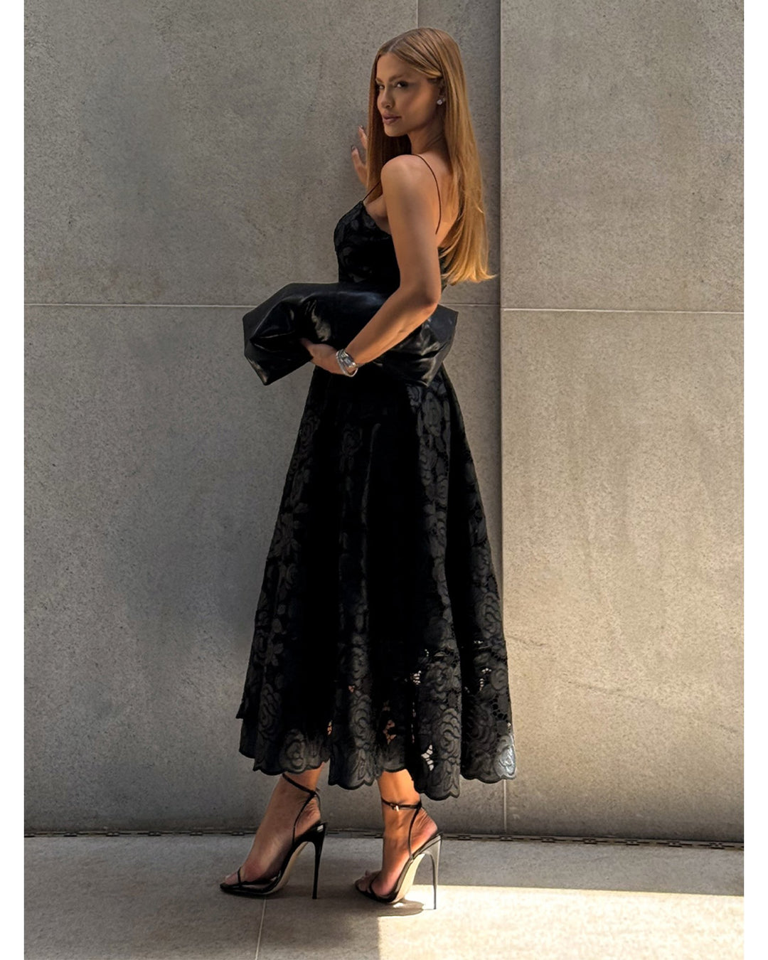 Synthetic Leather Godet Midi Dress