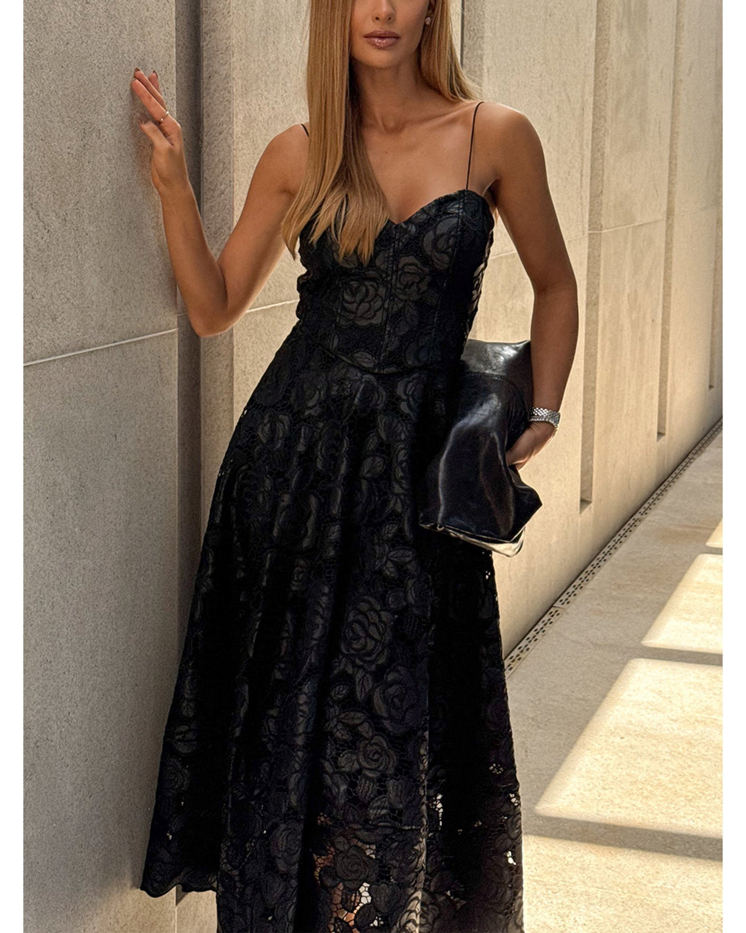 Synthetic Leather Godet Midi Dress