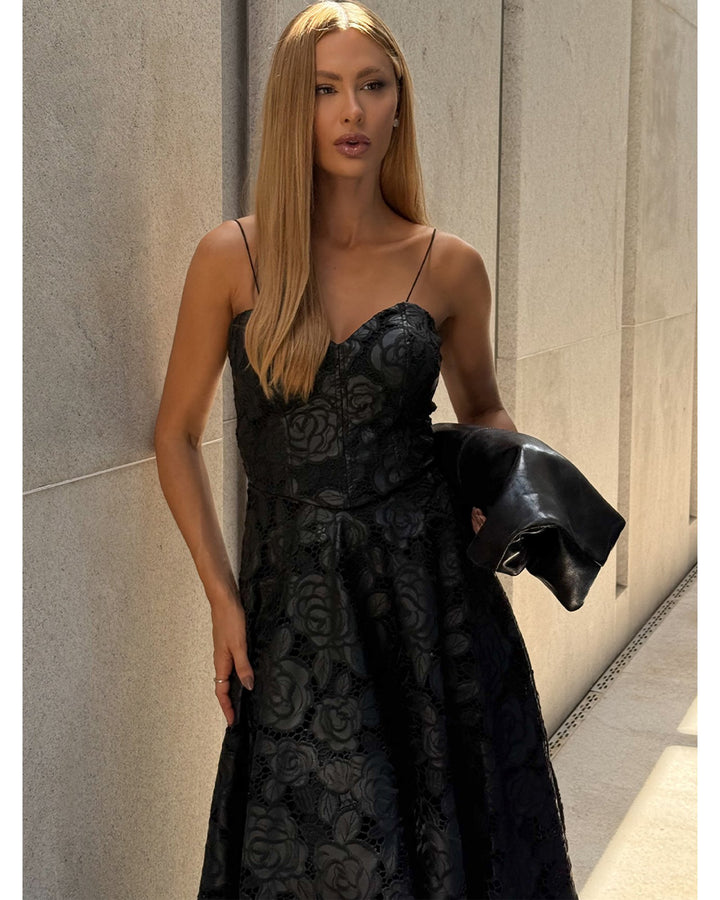 Synthetic Leather Godet Midi Dress