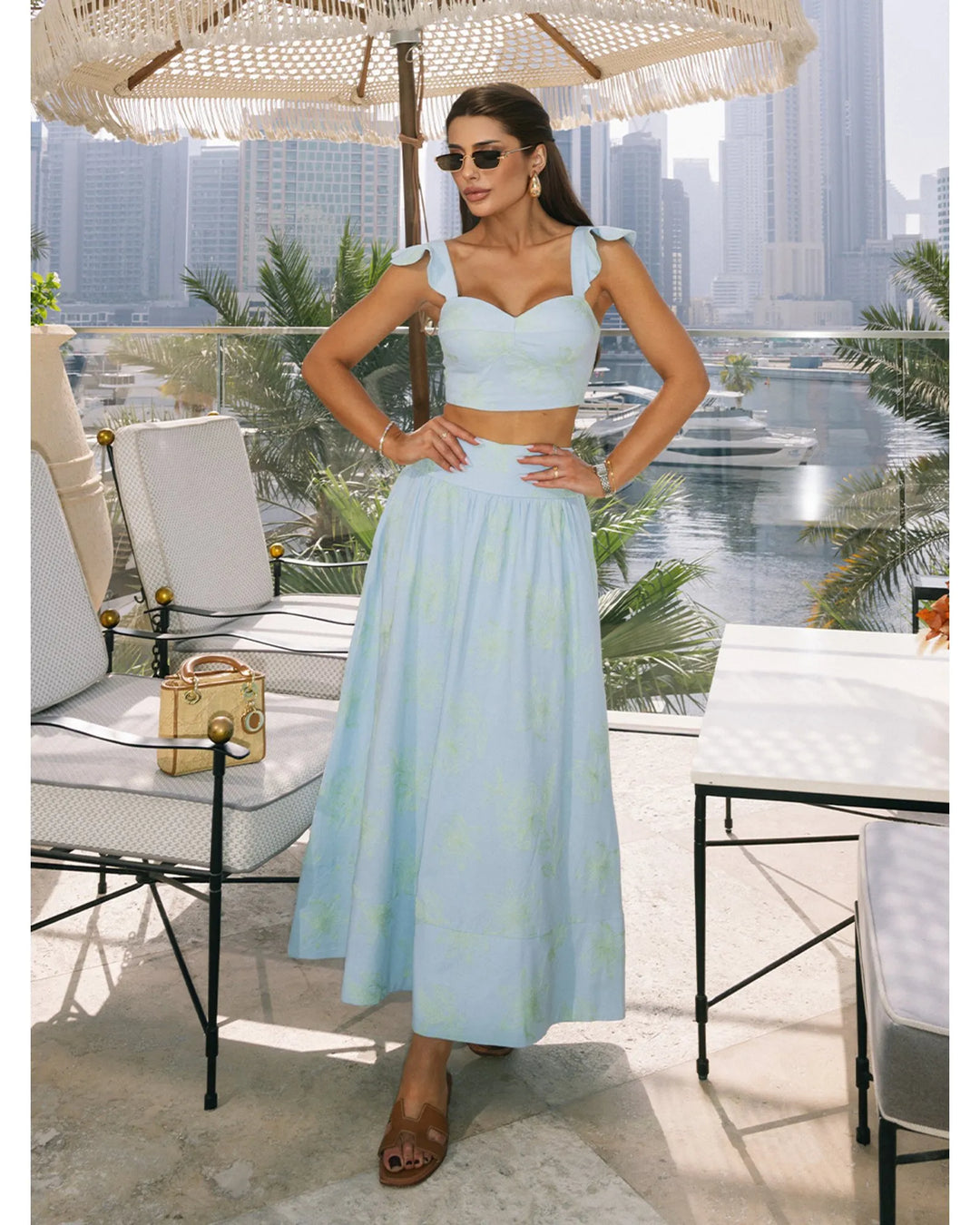 Floral Embroidered Crop Top + Midi Skirt Set