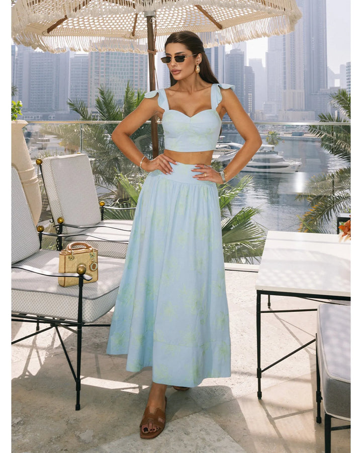 Floral Embroidered Crop Top + Midi Skirt Set