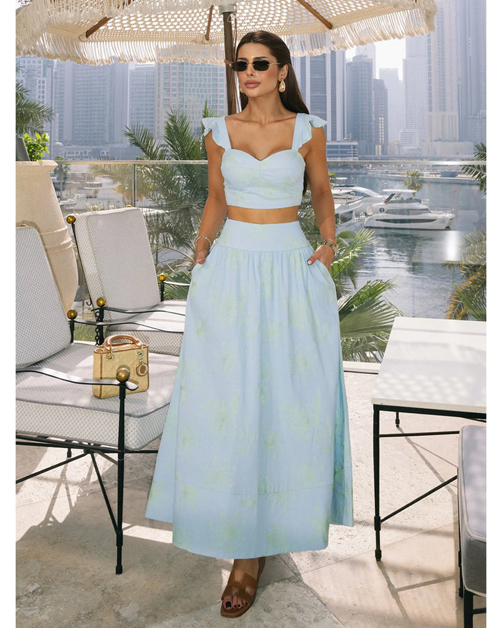 Floral Embroidered Crop Top + Midi Skirt Set