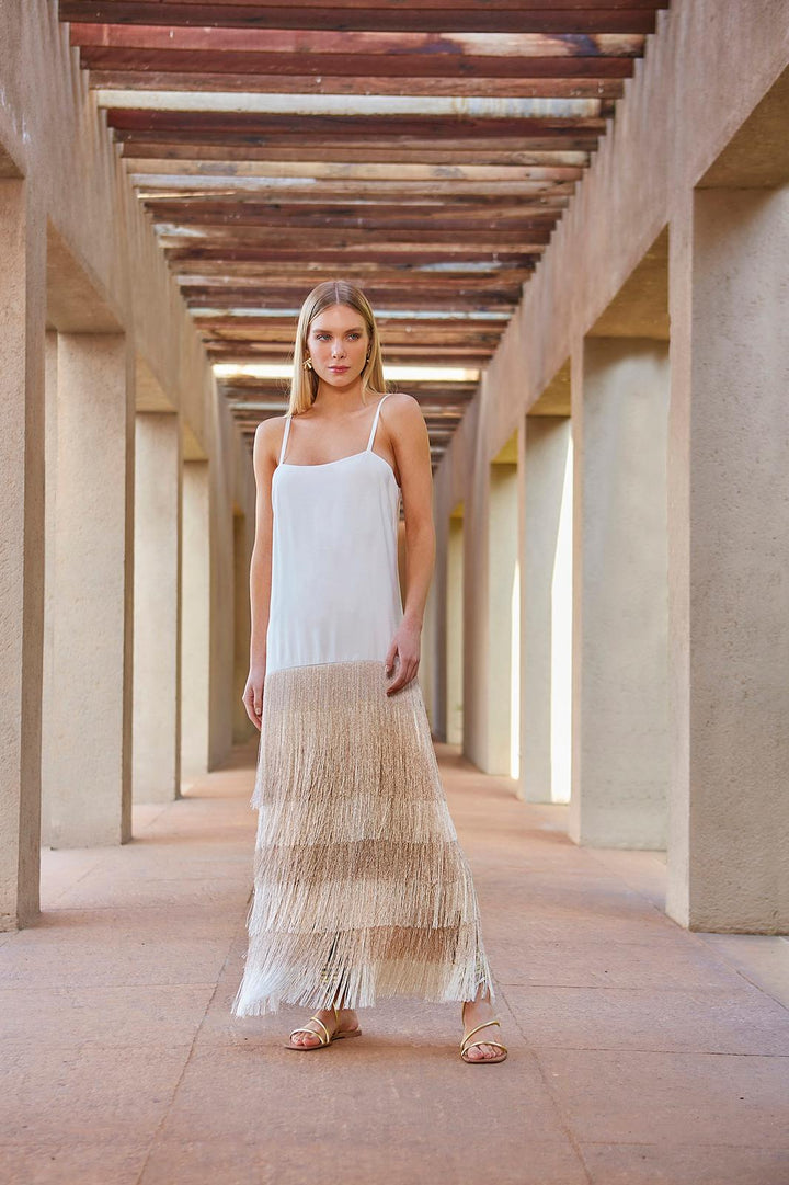 Anne Fernandes Long Dress with Fringe Skirt