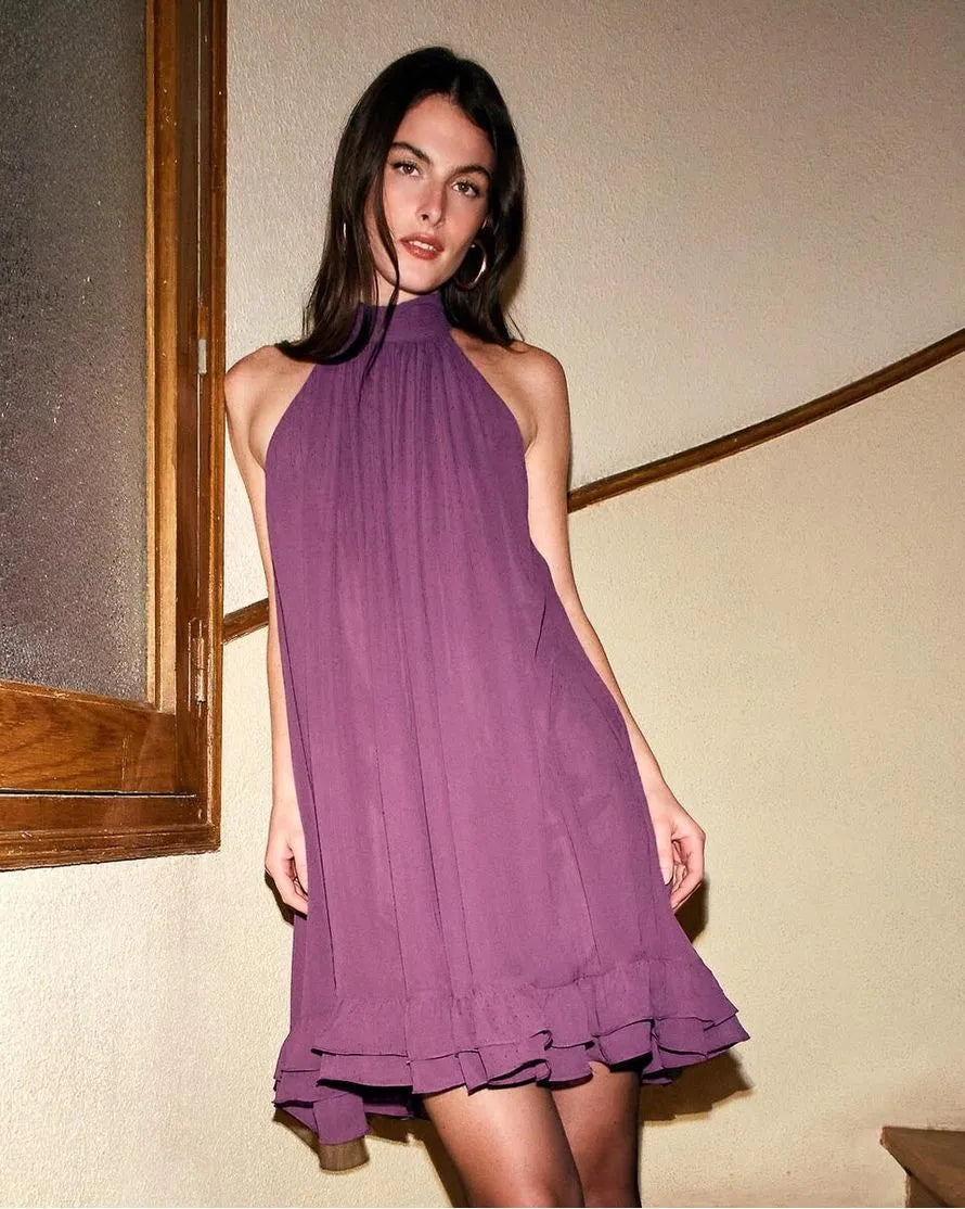 short purple halter dress Metallic mesh short dress Purple For Women