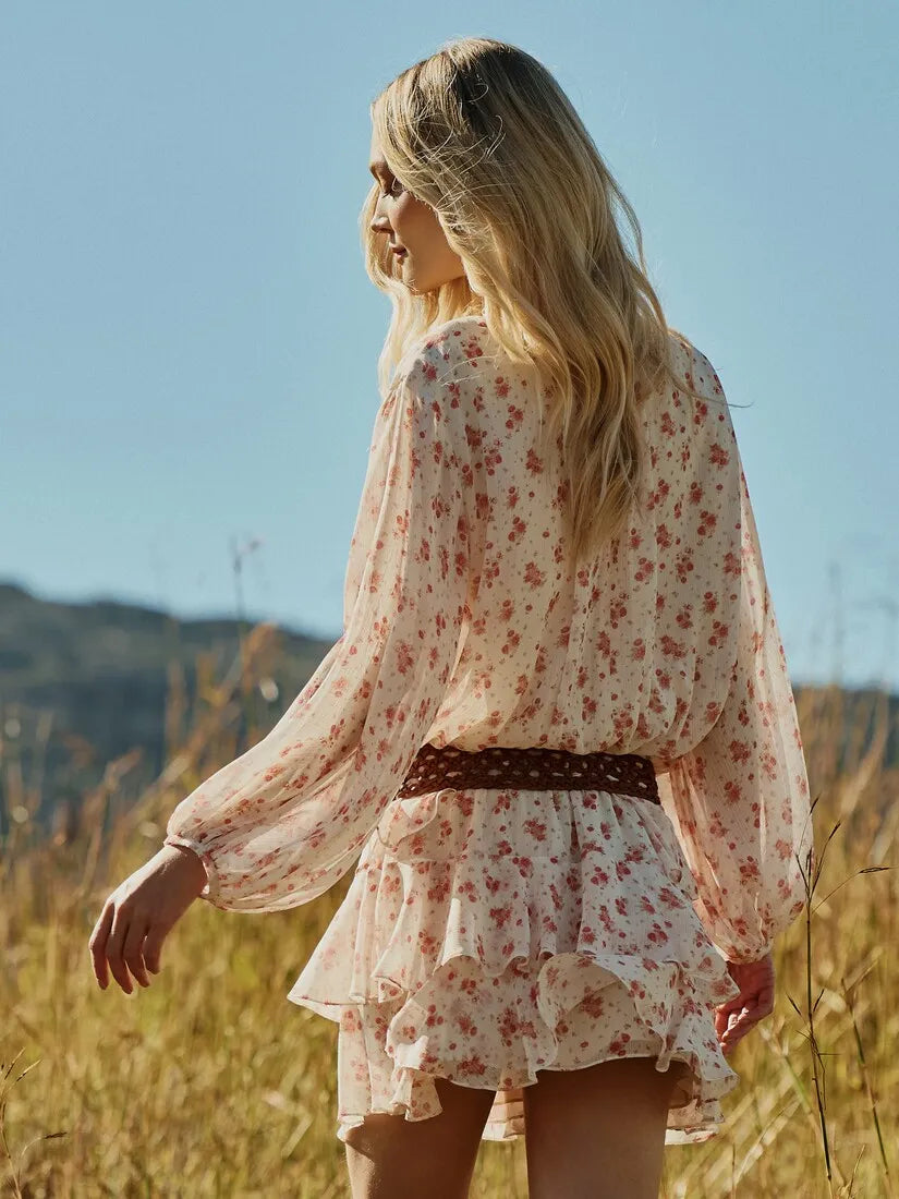 Vestido Curto Floral Babados