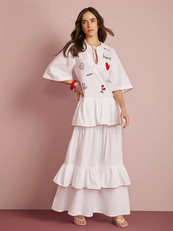Vestido Longo Babados Bordado