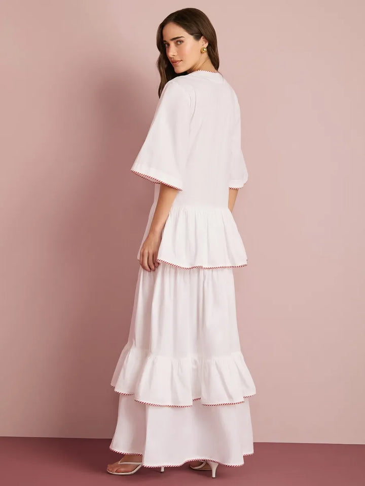 Vestido Longo Babados Bordado