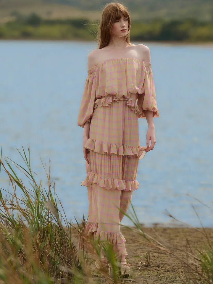 Vestido Longo Xadrez Babados