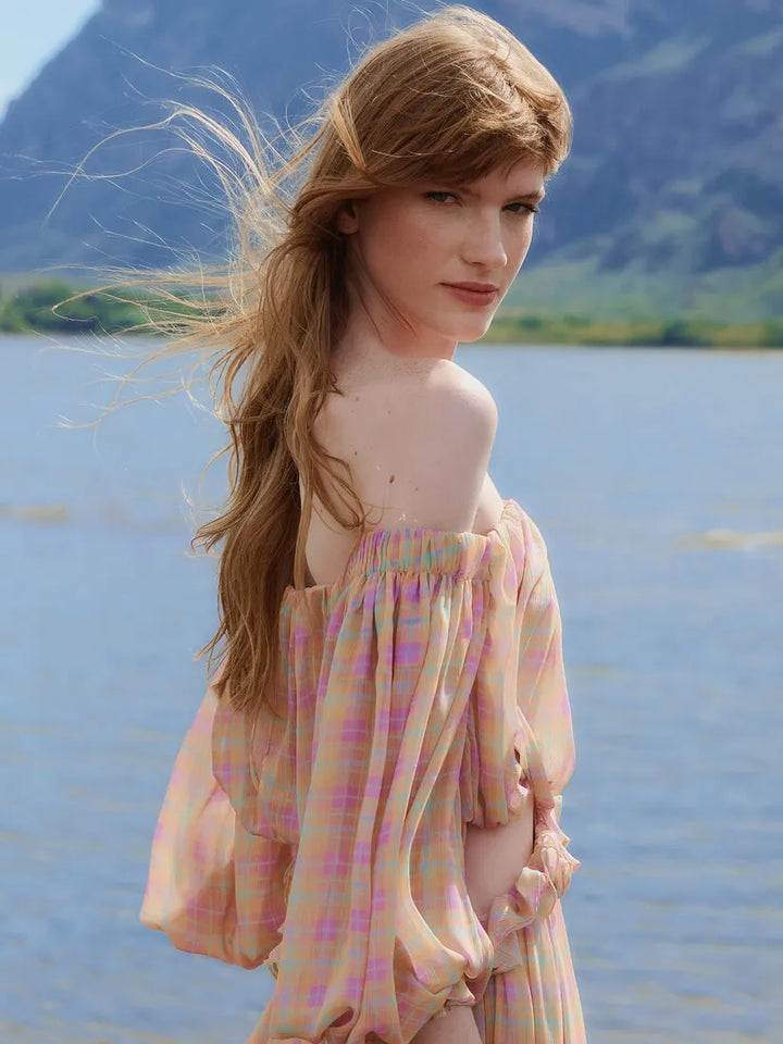 Vestido Longo Xadrez Babados