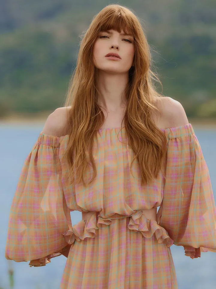 Vestido Longo Xadrez Babados