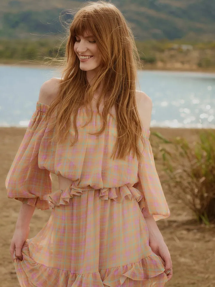Vestido Longo Xadrez Babados