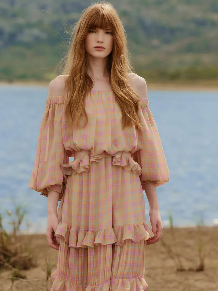 Vestido Longo Xadrez Babados