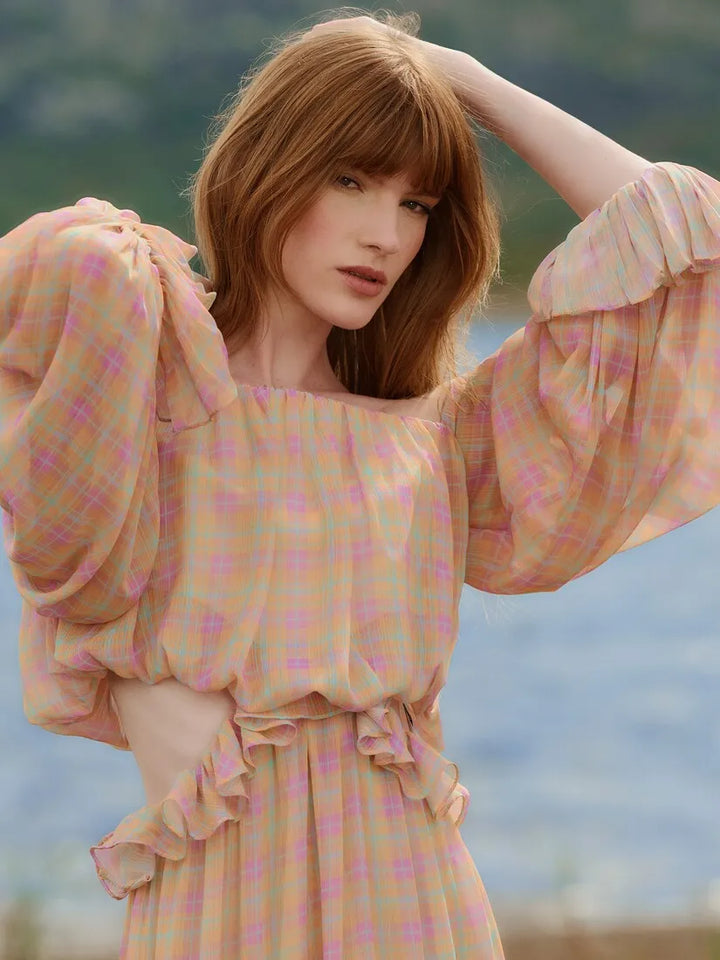Vestido Longo Xadrez Babados