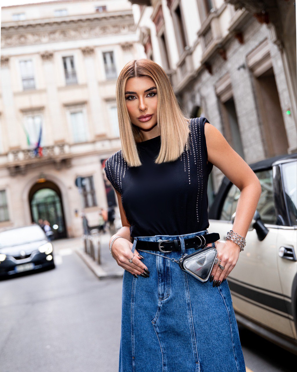 Long Denim Skirt with Cutouts
