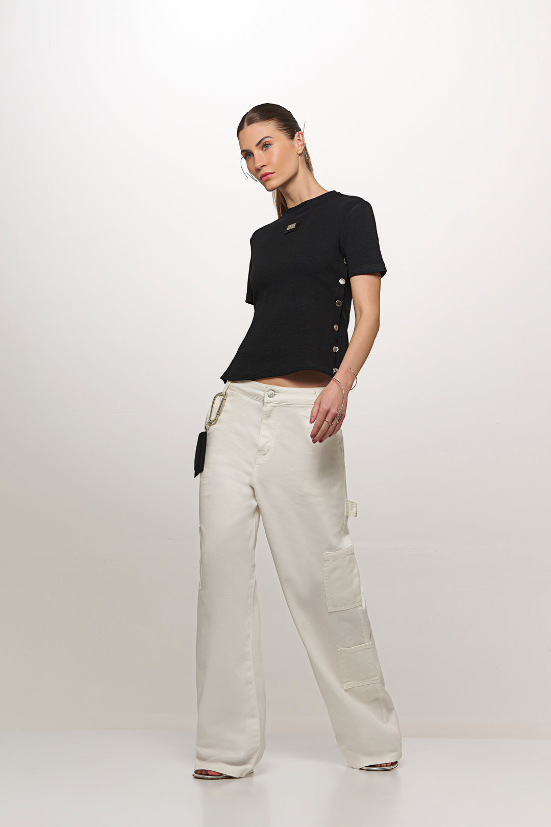Ribbed Knit Blouse with Chaos Side Buttons