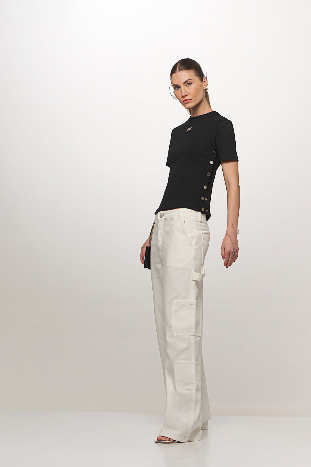 Ribbed Knit Blouse with Chaos Side Buttons
