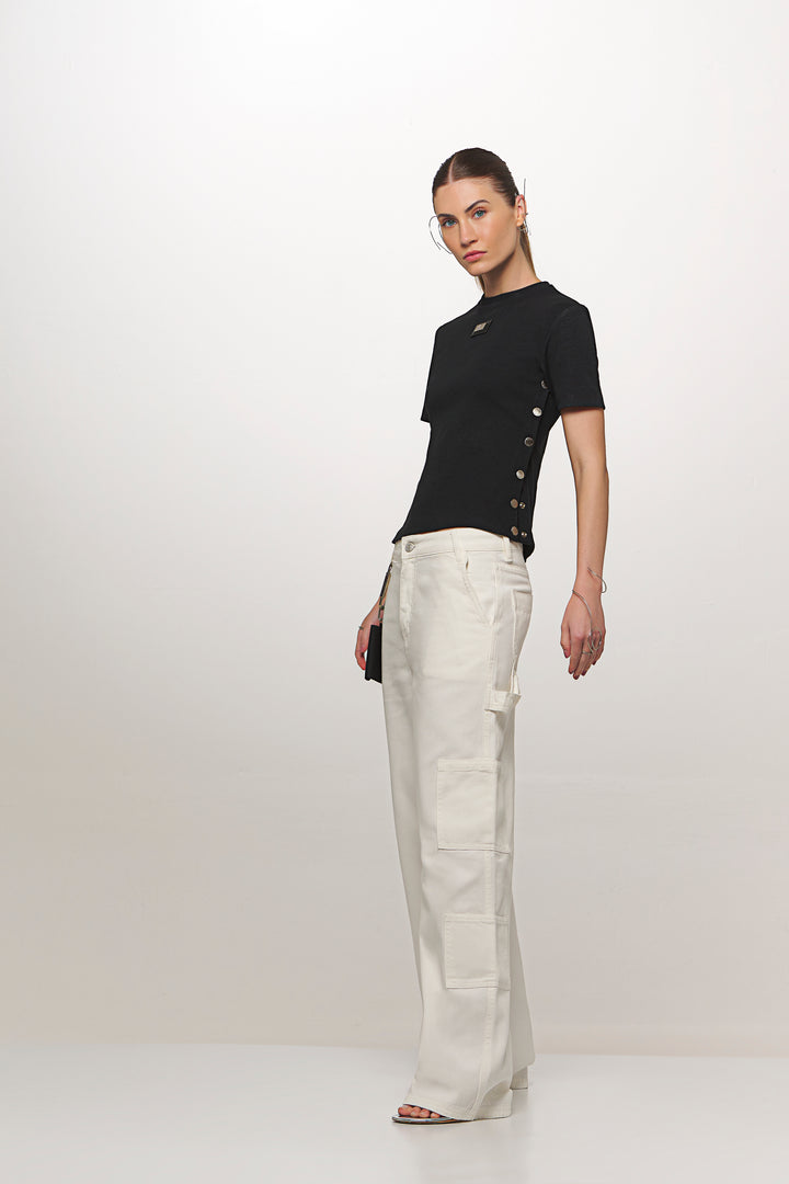 Ribbed Knit Blouse with Chaos Side Buttons