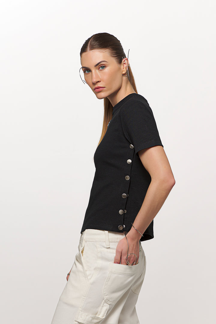 Ribbed Knit Blouse with Chaos Side Buttons