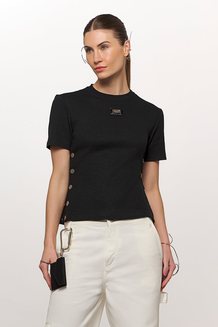 Ribbed Knit Blouse with Chaos Side Buttons