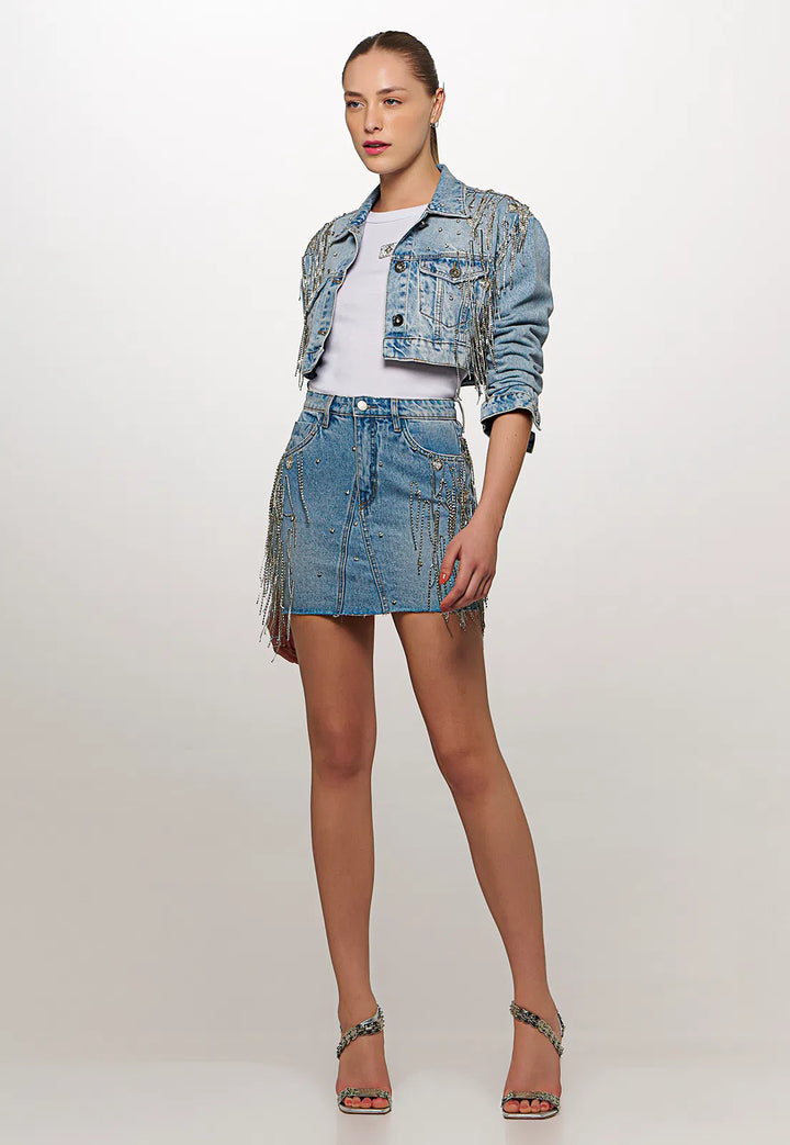 Chaos Rhinestone Fringe Embroidered Denim Jacket