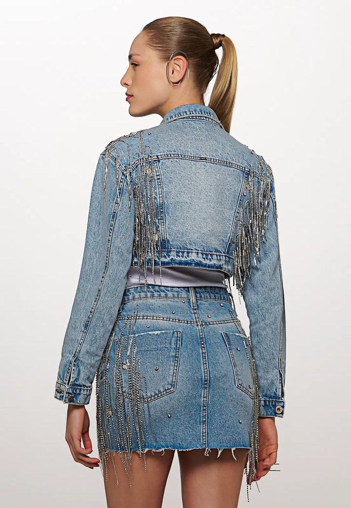 Chaos Rhinestone Fringe Embroidered Denim Jacket