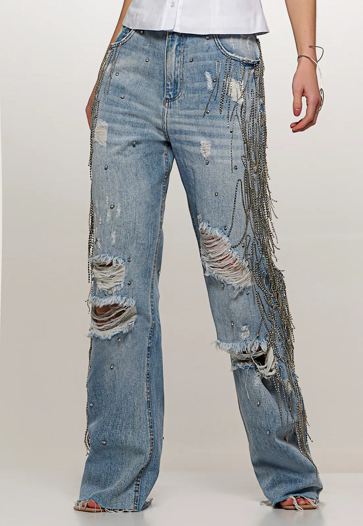 Chaos Rhinestone Fringe Embroidered Jeans