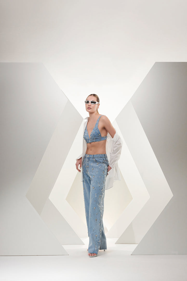 Embroidered Jeans with Chaos Brooches