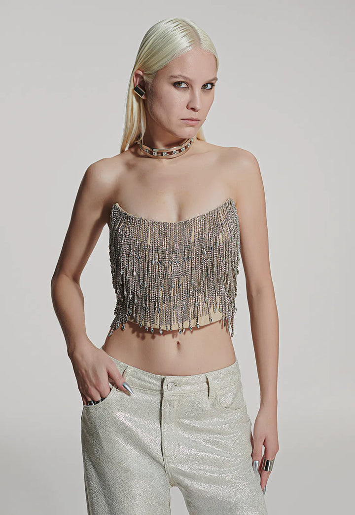 Corselet Bordado Franjas Cristal Caos