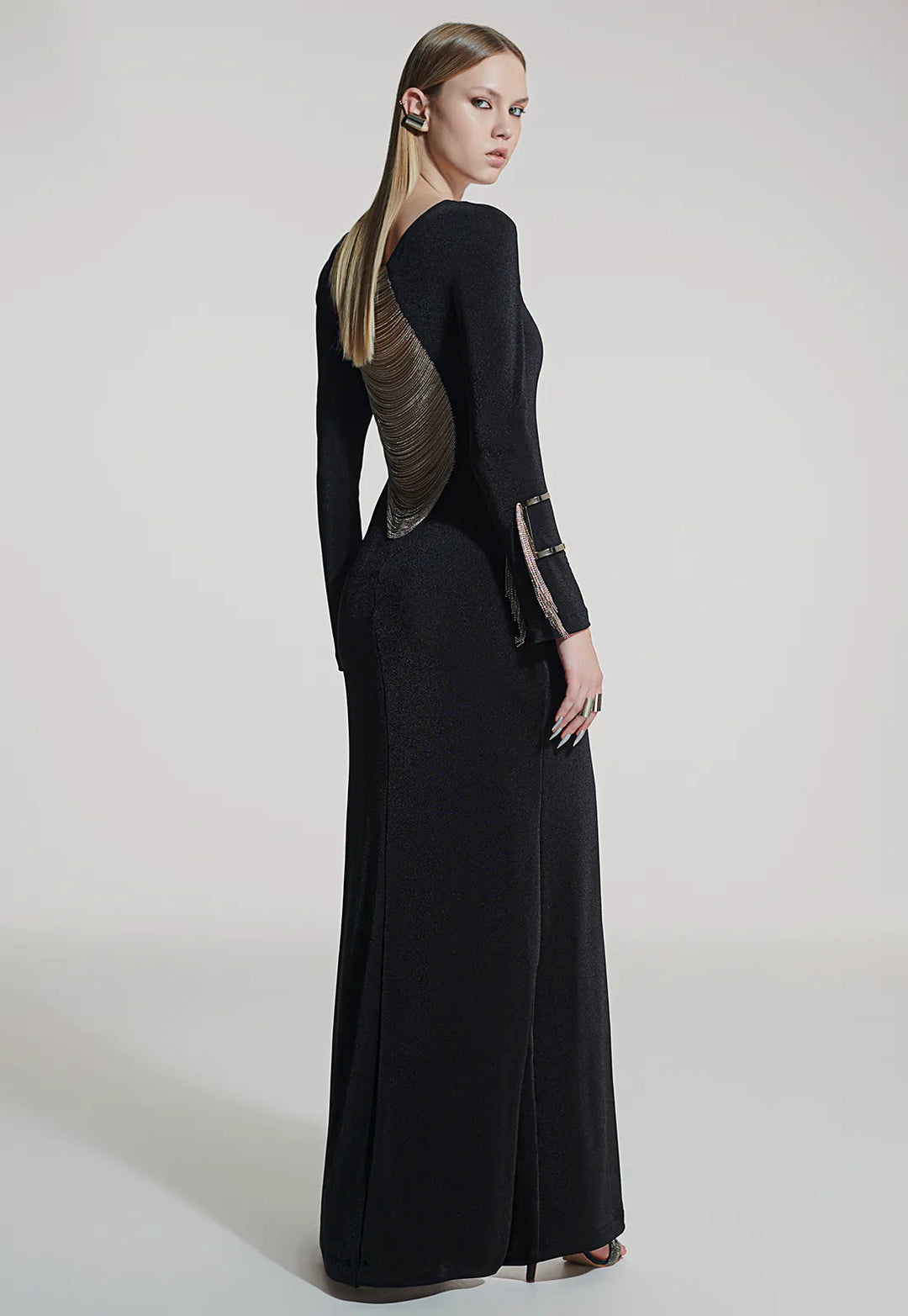 Vestido Longo Bordado Franjas Corrente Caos