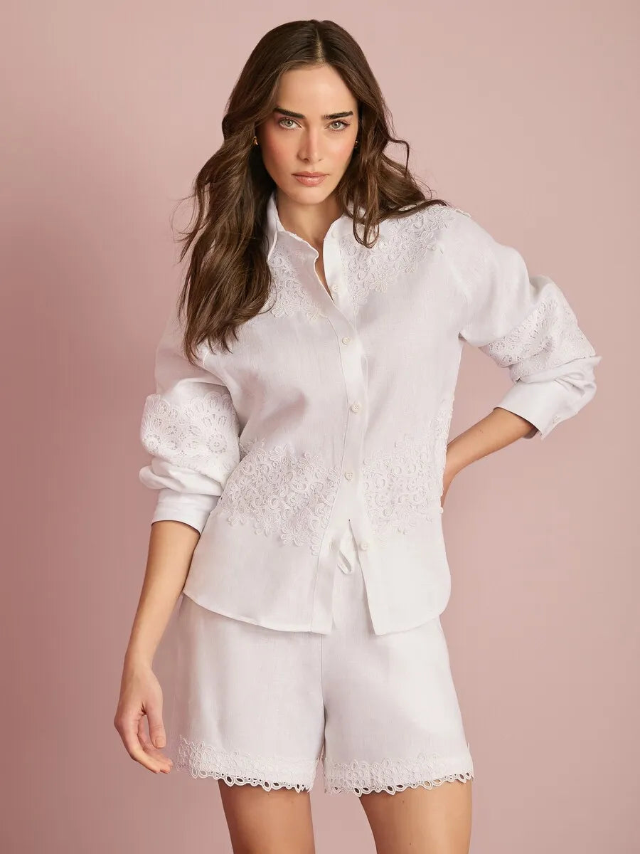 Conjunto Linho Renda Camisa+Short