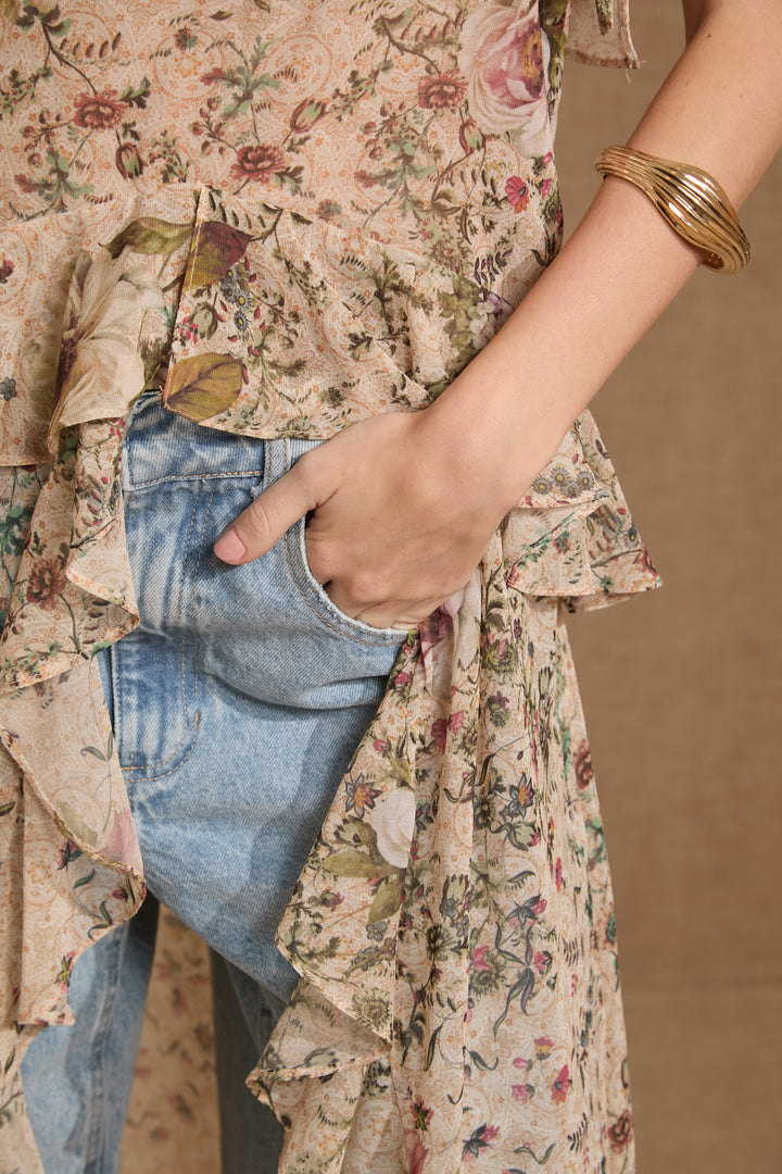Long Floral Ruffled Gown