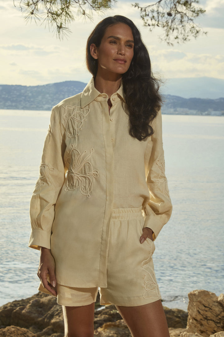 Anne Fernandes Embroidered Linen Shirt+Shorts Set