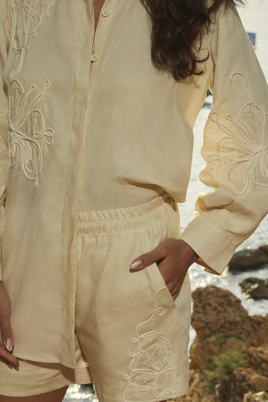 Anne Fernandes Embroidered Linen Shirt+Shorts Set