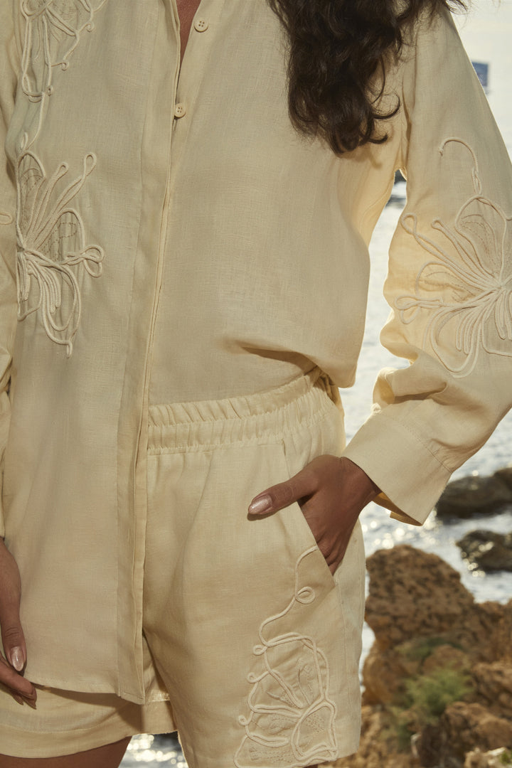 Anne Fernandes Embroidered Linen Shirt+Shorts Set