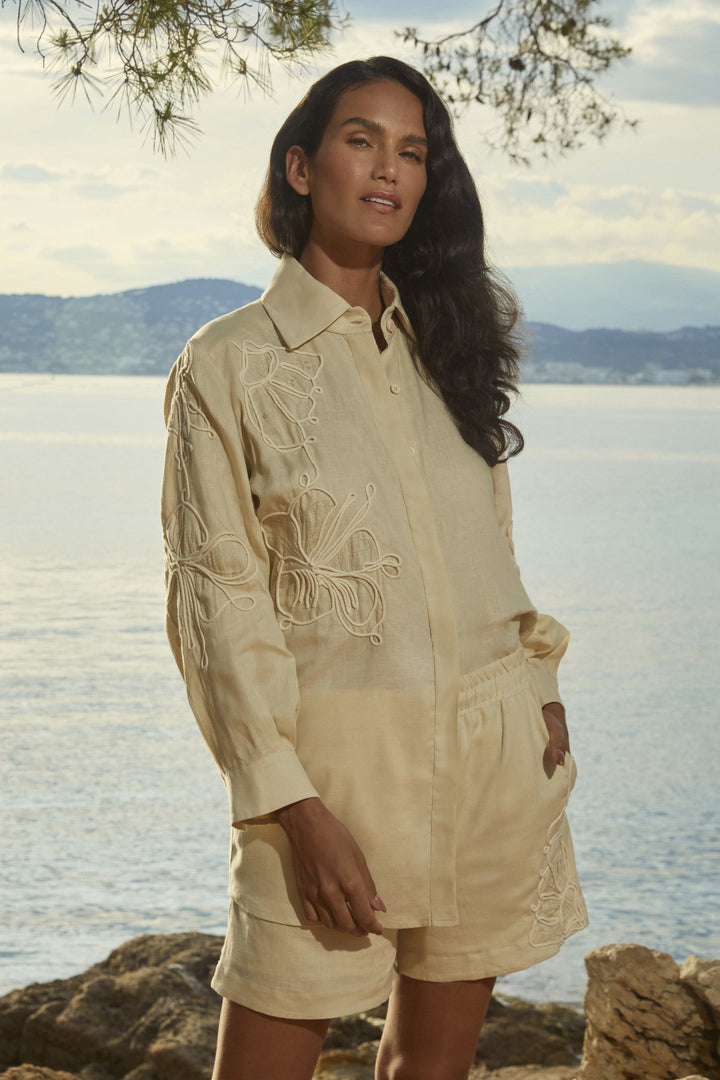 Anne Fernandes Embroidered Linen Shirt+Shorts Set