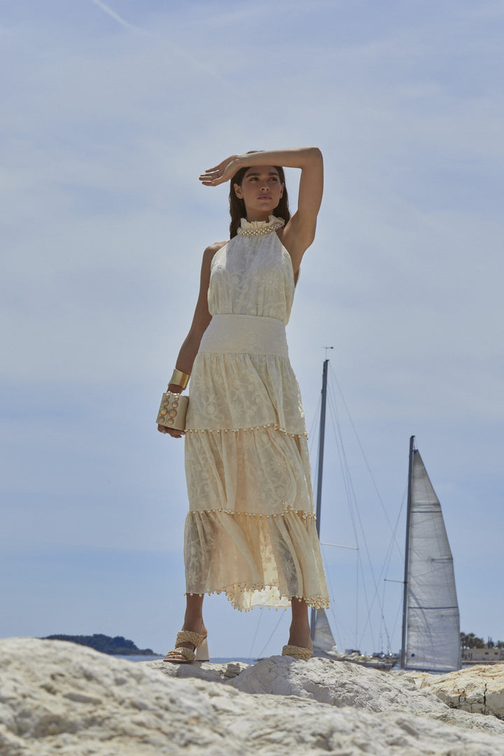Anne Fernandes Ruffled Collar Blouse + Long Skirt Set